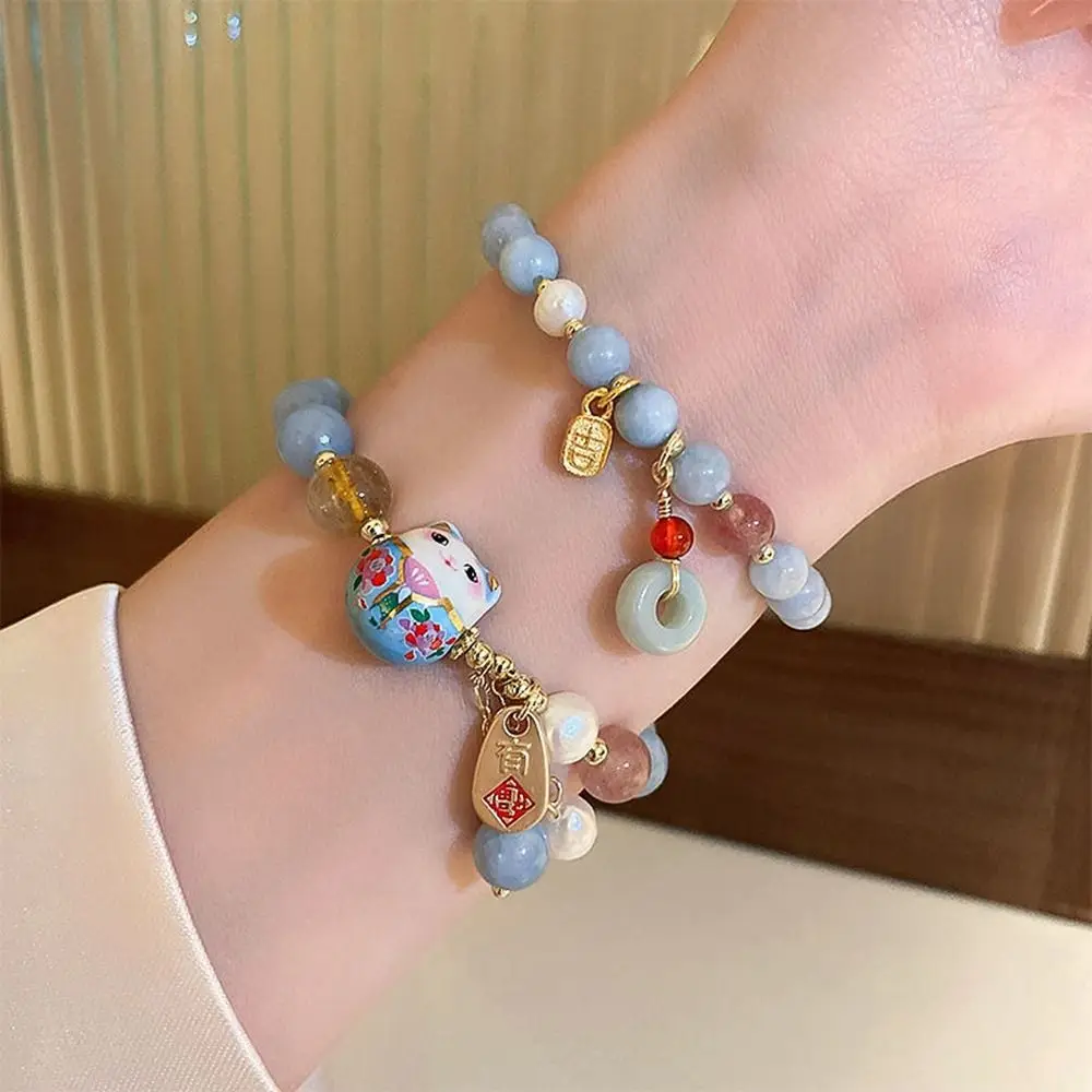 

2023 New Pearl Agate Lucky Cat Bracelet for Women Chinese Style Jade Pendant Simple Wild Elastic Rope Crystal Beads Jewelry