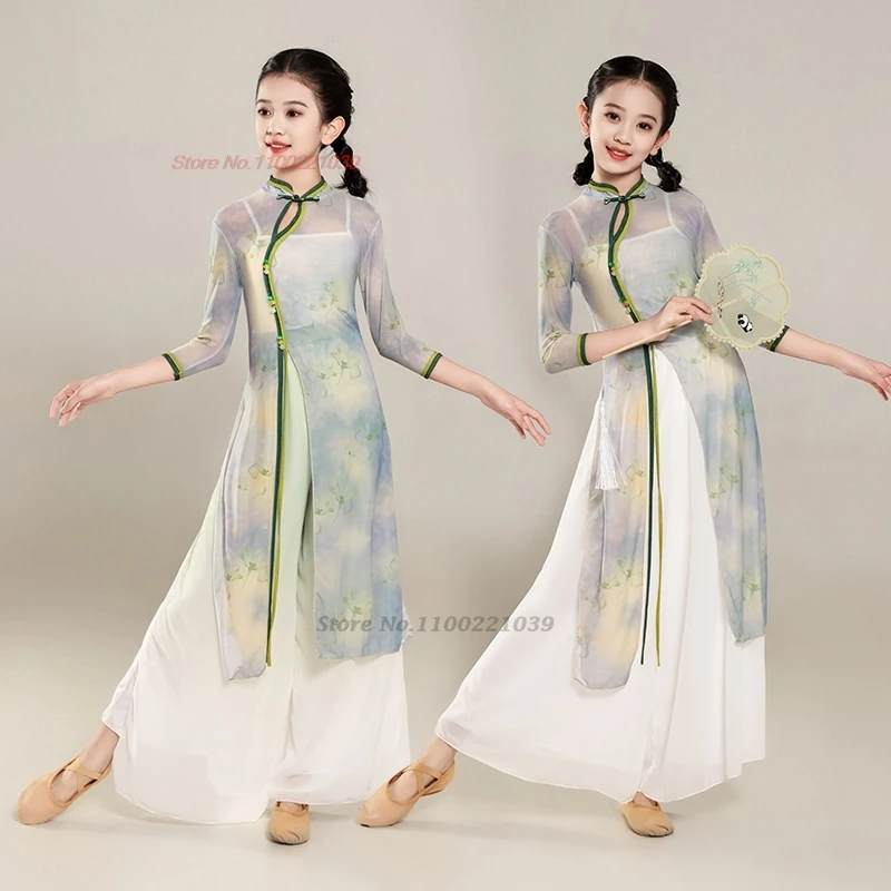 

2025 chinese vintage dance costume national flower print qipao dress+pants traditional children stage performance cheongsam