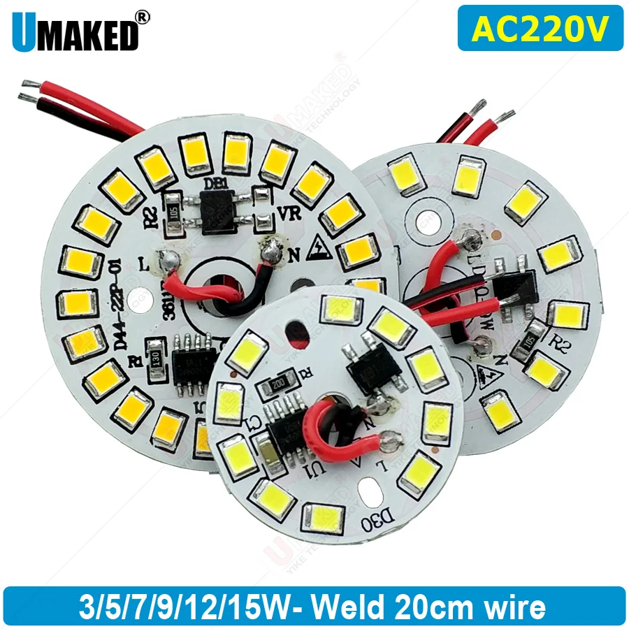 10PCS 3W5W7W9W12W15W AC220v led pcb with integrated IC driver welded 15cm wire/JST  driverless aluminum plate board diy for bulb