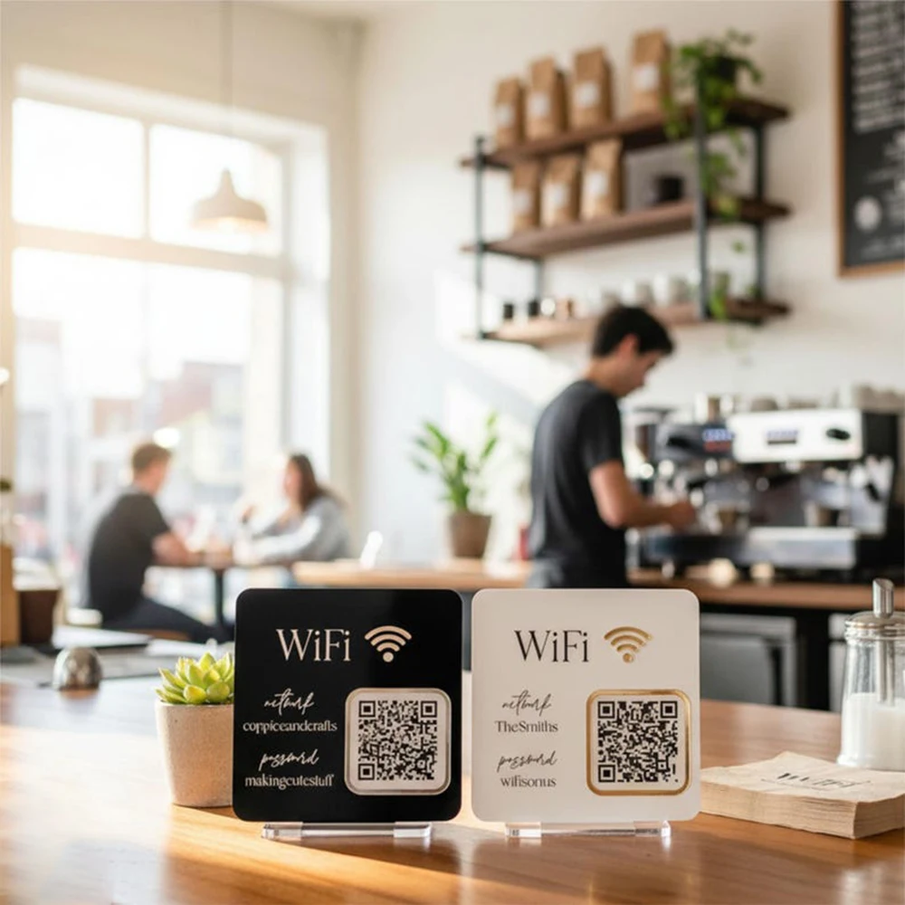 عرض عملي لسطح الطاولة من الأكريليك لرمز الاستجابة السريعة واي فاي للدفع المسح الضوئي، طراز حديث وبسيط، متين وضوح عالي لمتجر المتجر