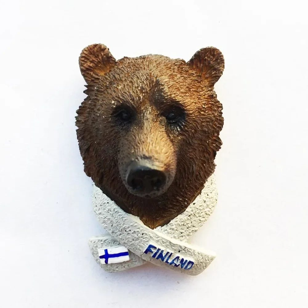 Finland Tourist Souvenir Fridge Magnet 3D Resin Handmade Brown Bear Head Refrigerator Magnetic Stickers Home Decoration