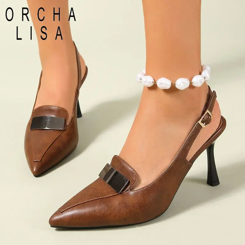 

ORCHA LISA Hot Women Sandals Pointed Toe 8cm Stiletto Thick Heels Back Buckle Strap Extended Size 42 43 44 45 Handmade Dating