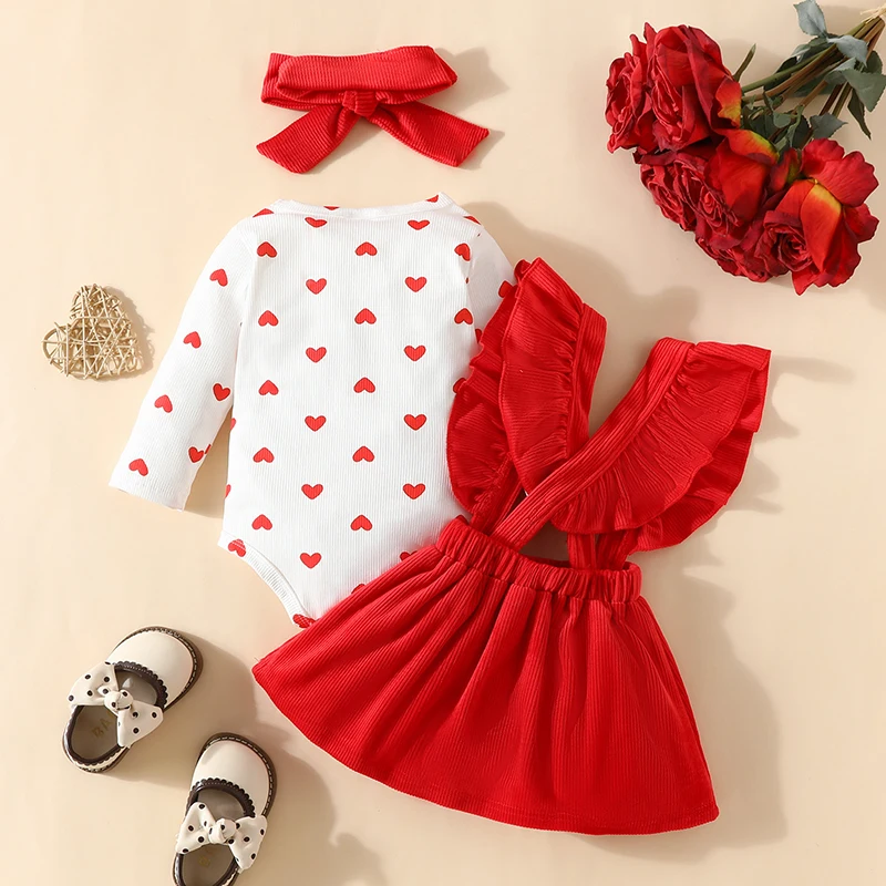 0-18M Newborn Baby Girl Valentine\'s Day Clothes Heart Print Long Sleeve Romper with Suspender Skirt and Bow Headband Outfit