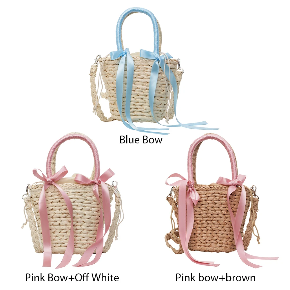 Women Summer Beach Bag Large Capacity Bow Straw Woven Tote Bag Elegant Top-Handle Bags Drawstring Closure for Outdoor Travel