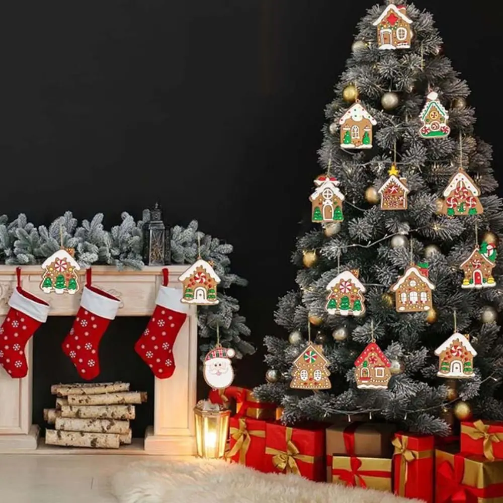 8/16Pcs Mixed Pattern Christmas Gingerbread House Pendant Candy Color PVC Cottage Hanging Ornaments with Hanging Chain DIY