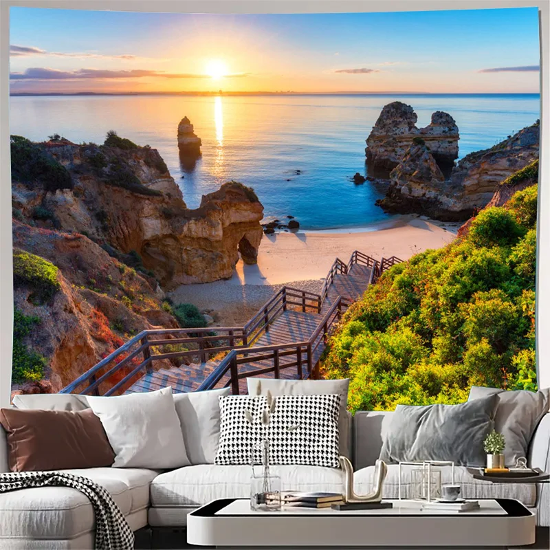 Boho Beach Sunset Seascape Tapestry Wall Art Ocean Cliff Tropical Nature View Hanging Decoration Boho Aesthetic Print Decor Room