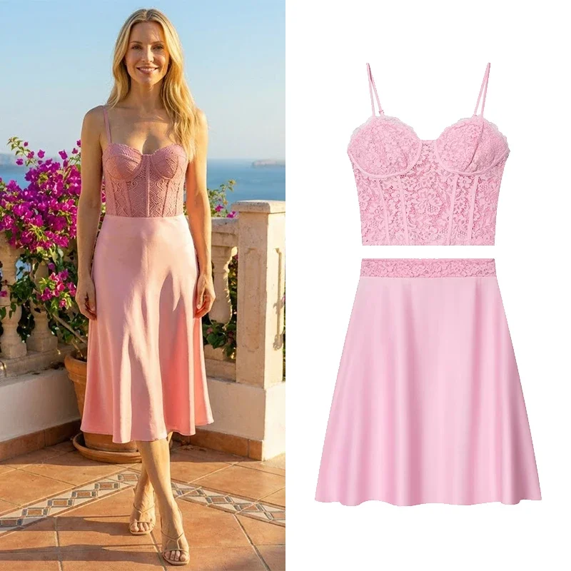 

FANAN Women Fashion 2 Piece Sets Pink Lace Camis Tops & Vintage Side Zipper Midi Skirt Female Chic Lady Skirts Set