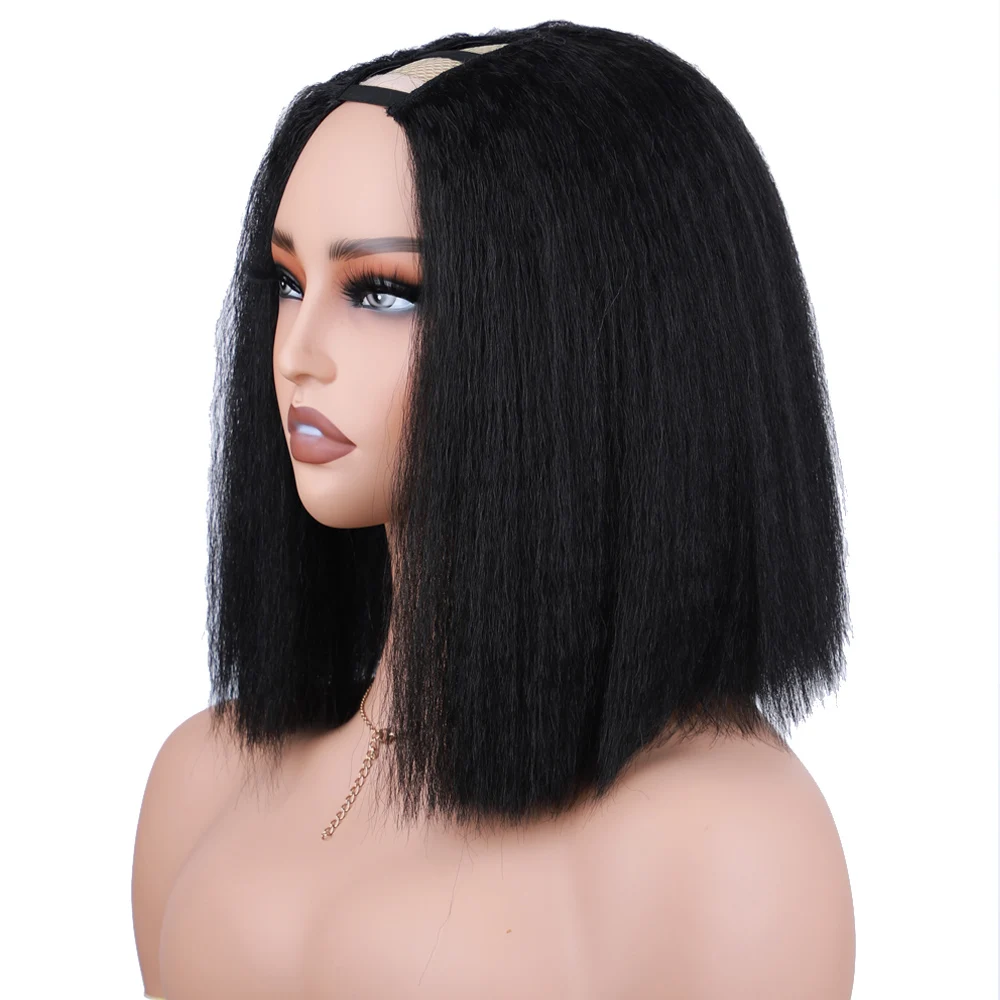 Krótka syntetyczna peruka Yaki Straight U Part Afro Kinky Hair Syntetyczna peruka U Part dla kobiet Czarna peruka z prostymi włosami syntetycznymi