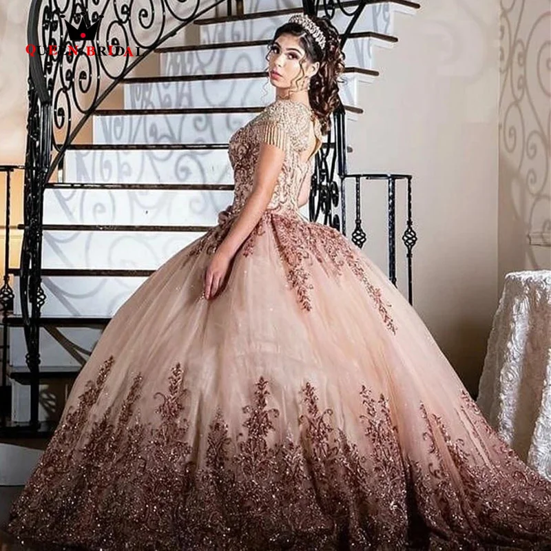 Rose Gold 2023 Quinceanera Dresses Scoop Neck Tassel Beaded Appliques Keyhole Back Ball sweet 16 Prom Gowns vestidos de 15 VF29