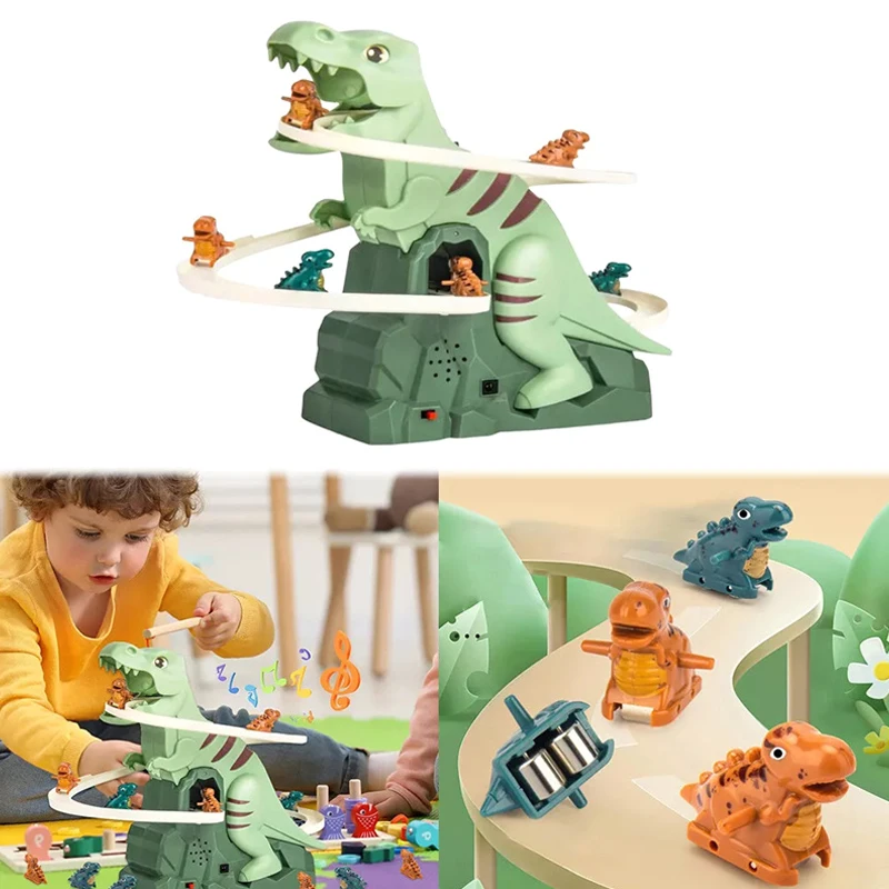 

Toddler Dinosaur Climbing Slide Stairs Toy Race Track Game Set Electric Adventure Slide Roller Coaster With Light Music Kid Gift