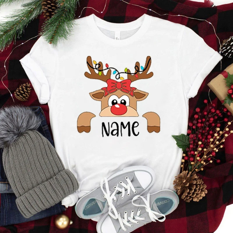 Christmas Customized Print T-Shirt DIY Name Women Reindeer Name Family Matching T-Shirt Personalized Reindeer Family Shirts