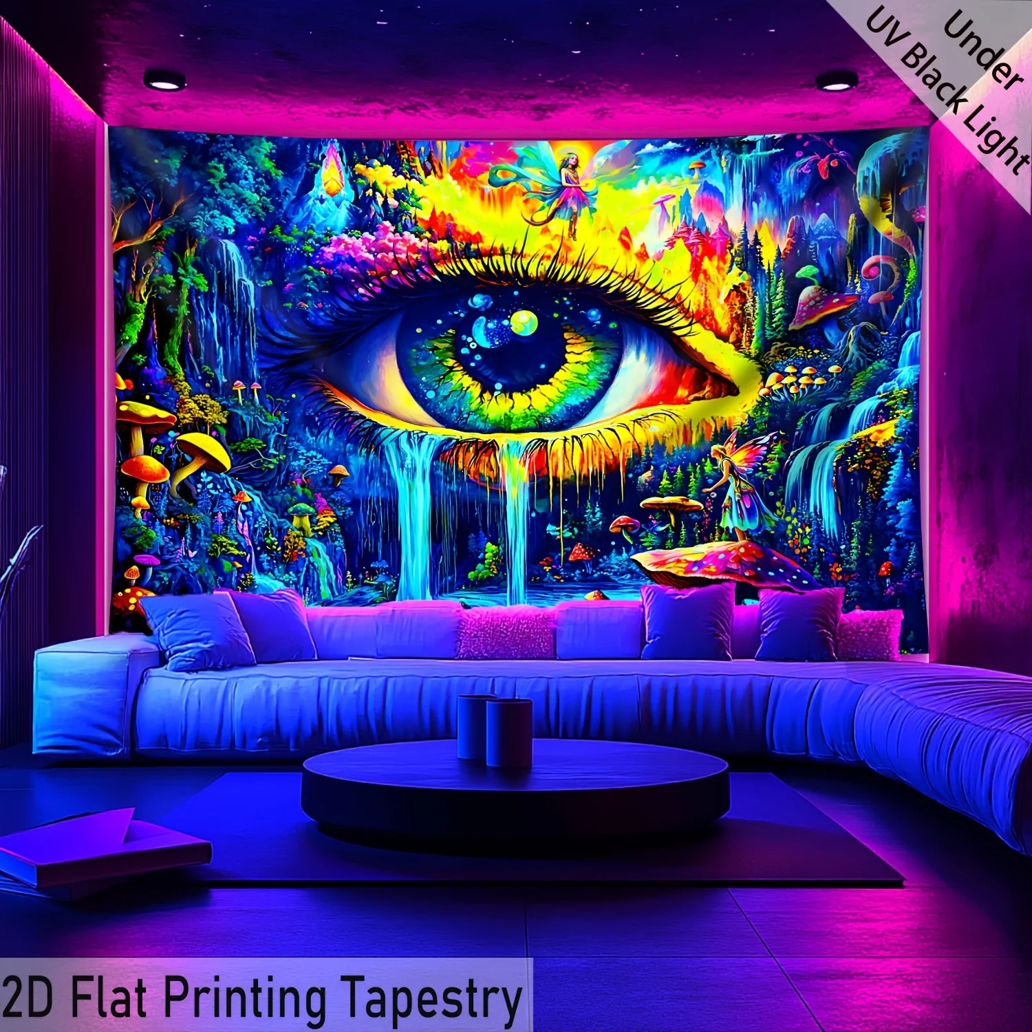 VIKAMA Vision Eye Psychedelic Forest Tapestry, Glowing Under Black Light Wall Art for Bedroom Living Room Dorm