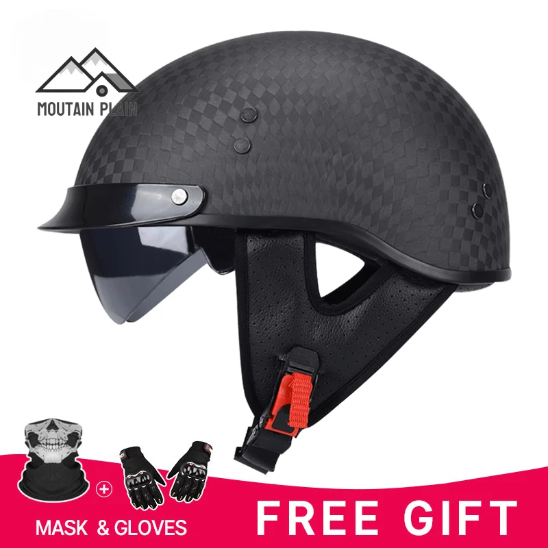 

Carbon Fiber Motorcycle Half Face Helmet with Built-in Lens Four Seasons Unisex DOT Approved Motocross Shell Cap Open Helmets