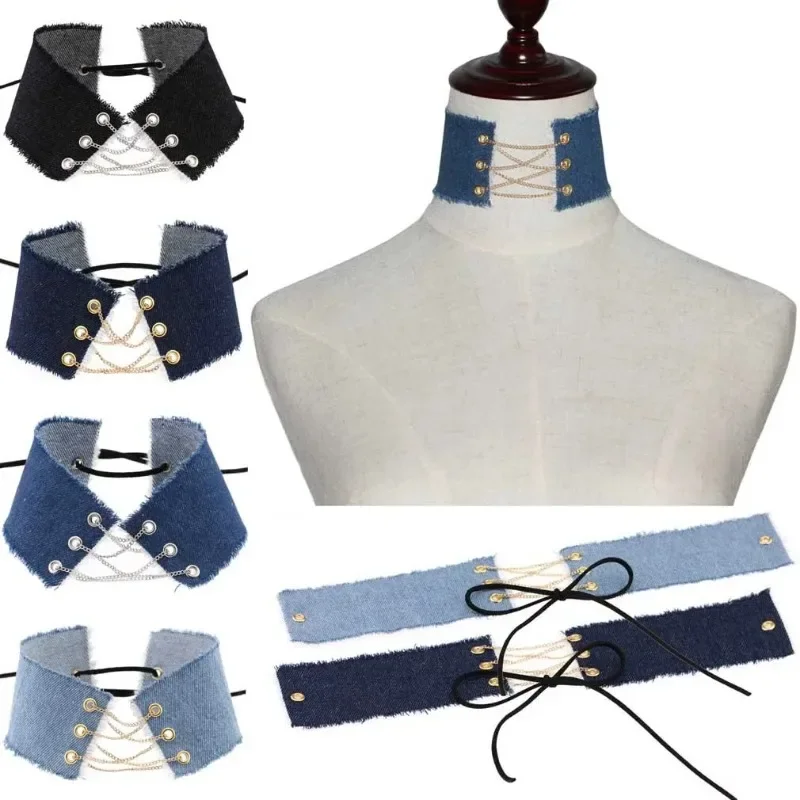 Punk Gothic Personality Retro MAO Bian Edge grinding Denim Multicolored Stainless steel Necklace Clavicle chain Simple