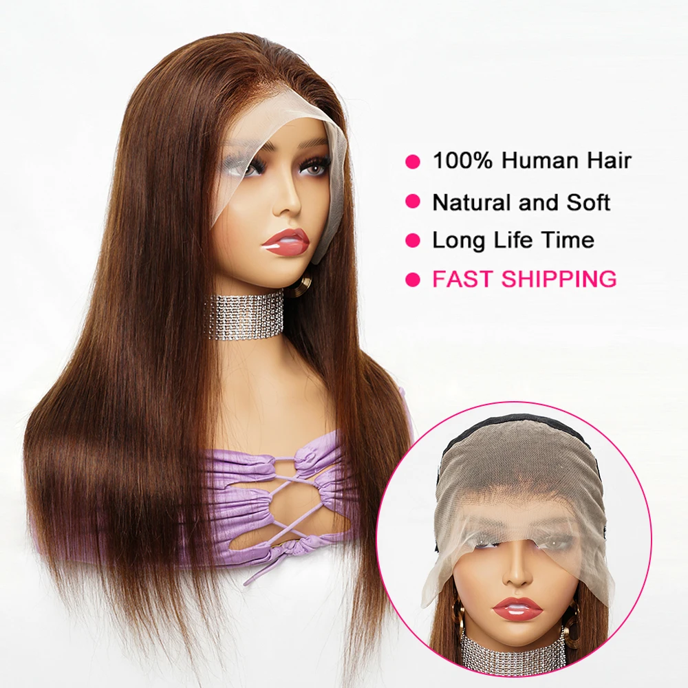 13x4 Bone Straight Lace Frontal Wigs Color 2/4 Brown Brazilian Virgin Hair Wig 4x4 Transparent Lace Closure Wig For Women Remy