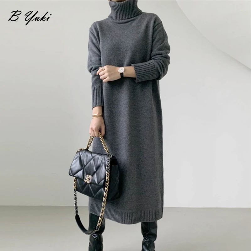 Blessyuki Oversized Cashmere Turtleneck Knit Pullovers Dress Women Winter Casual Solid Warm Sweater Dress Female Elegant Dresses