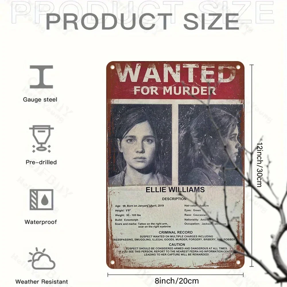 Vintage Wanted for Murder Ellie Williams Sign, Aluminum, UV Printed. Waterproof Metal Plaque for Home, Bar, Club, Cafe, Bedroom.