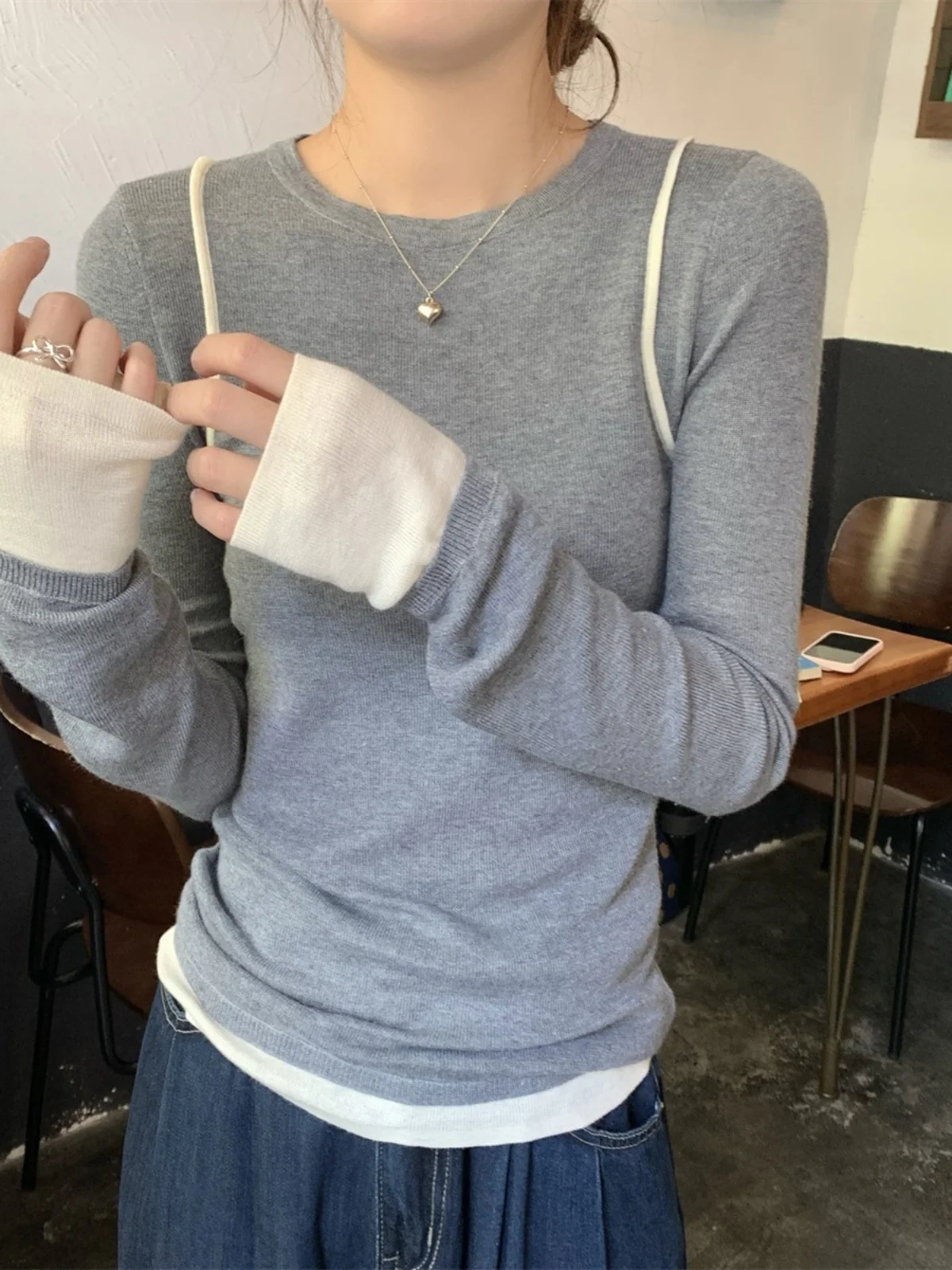 

ay Knitted Sweater Women's Korean Sle Early Winter Faion Personali Fake Two-Piece Design Long Sve Base Top