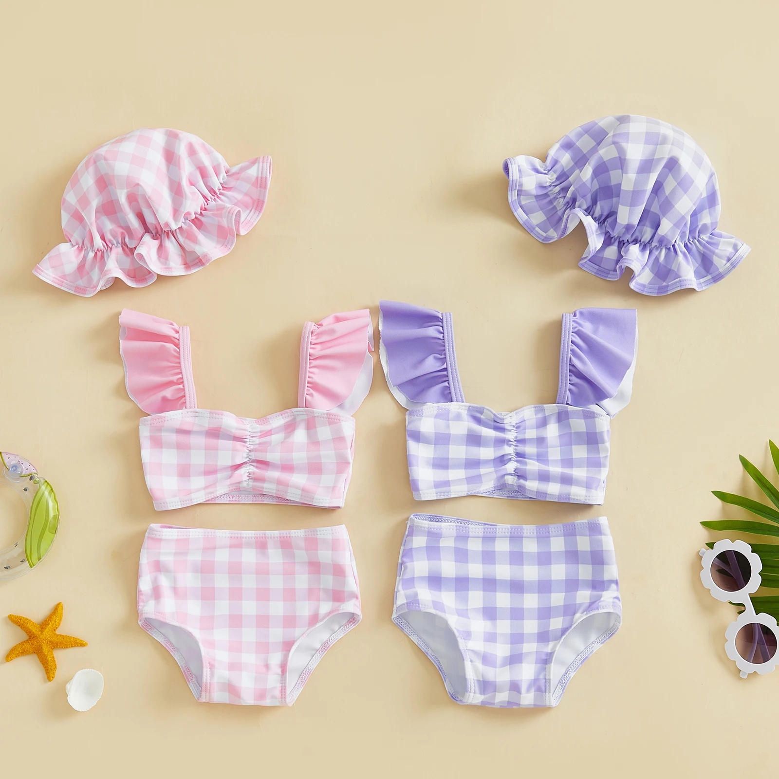Toddler Girl Summer Bikini Set Swimsuit Plaid Print Flutter Sleeves Tank Tops with Shorts and Hat Bathing Suit 3 Pcs Beachwear
