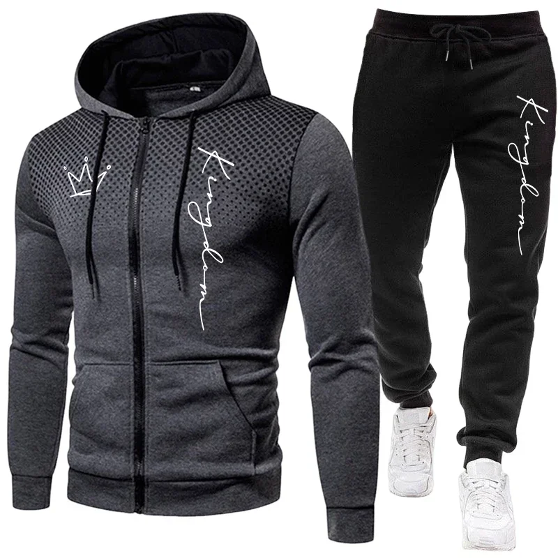 Immagine 4: Completo da uomo con stampa King Letter: felpa con cappuccio e cerniera e pantaloni neri, ideale per l'autunno e l'inverno, per un look casual, sportivo e da jogging, perfetto per tutti i giorni.