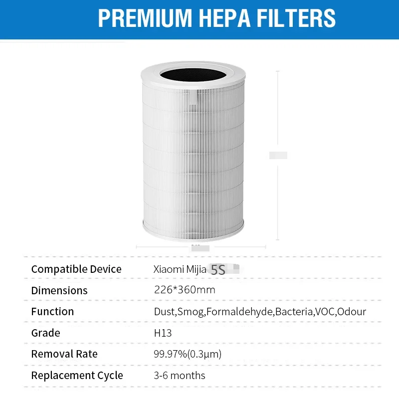 For Xiaomi Air Purifier 5S Filter Activated Carbon Net H13 HEPA  Filtration Filter 3 in 1Xiaomi Air Purifier 5S  Filter