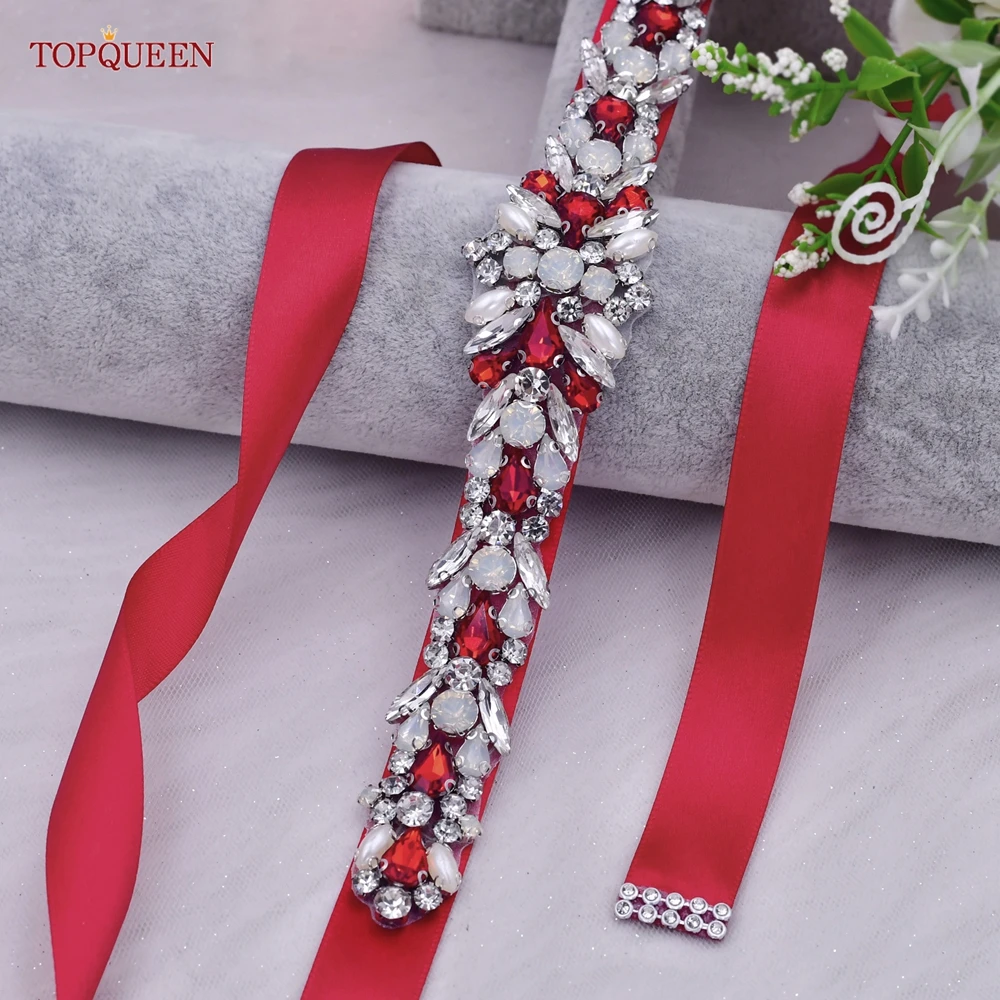 Topqueen S57 Bruids Riem Trouwjurk Accessoires Rode Steentjes Opal Crystal Applicaties Formele Avondjurk Sash Ivoor Lint