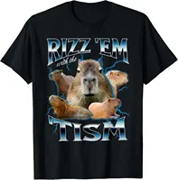 Rizz Em with Tism Capybara Funny Weird Wet T-shirt Funny Funny Emoticon Printed Shirt Neutral Streetwear