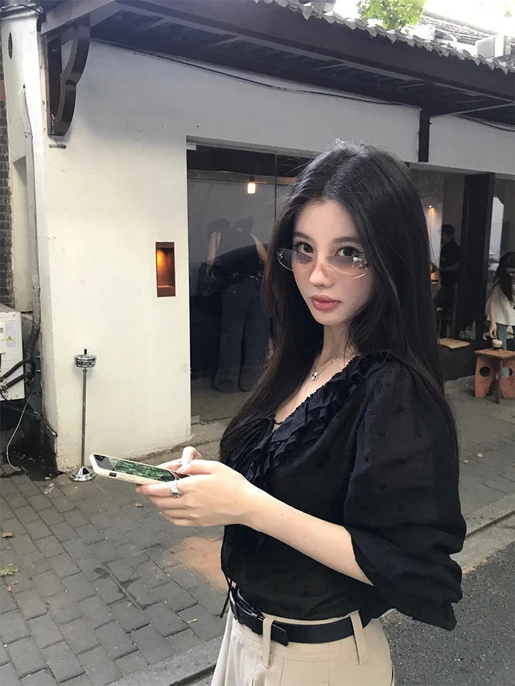 

Black Long Sleeve V-neck Embroidery Polka Dot Shirt Women's Autumn Shirt with Belt Loose Fit Casual Style Girl's Fashion