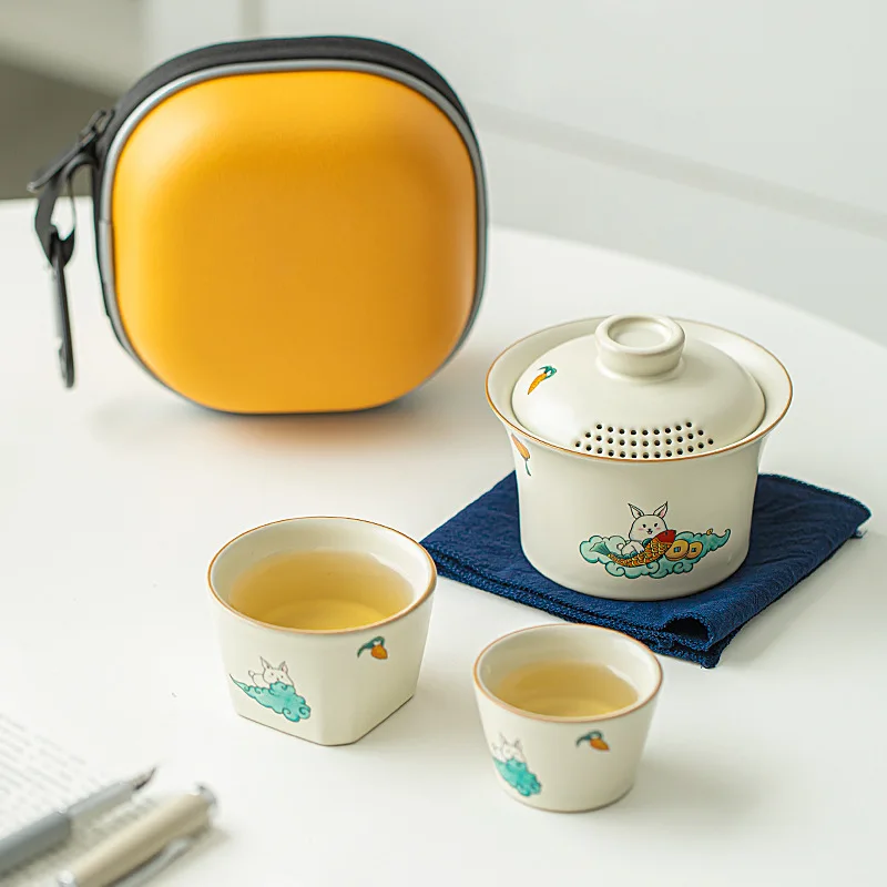 Portable Tea Set with Cover Bowl, Quick Cup, Travel Tea Set, Business partner Gift, One Pot, 3 Cup, Storage Bag