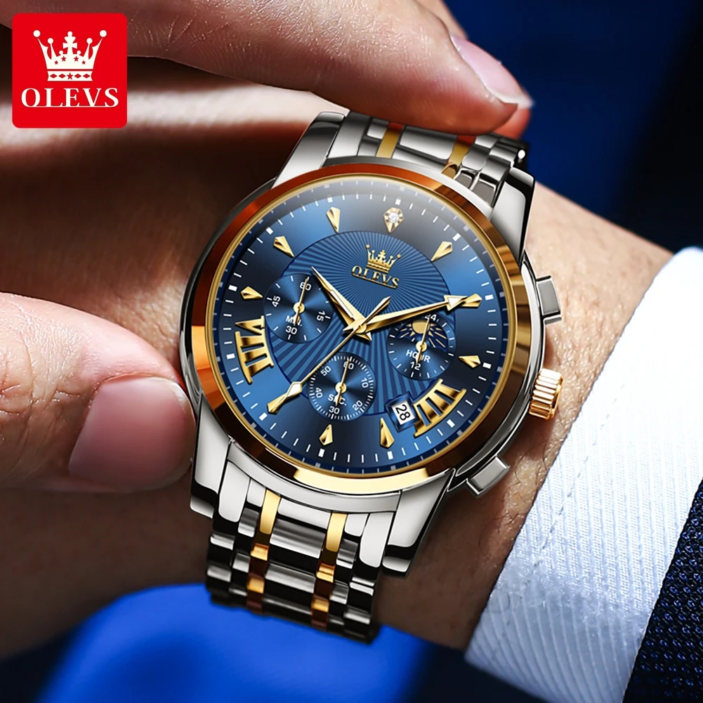 OLEVS 2892 Quartz Fashion Watch Gift Stainless Steel Watchband Round-dial Wristwatch Moon Phase Chronograph