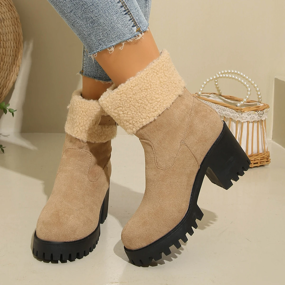 Fashionable and Sexy Large Size Warm Casual Motorcycle Boots New High Heels for Banquet Comfortable Middle Tube Women's Boots
