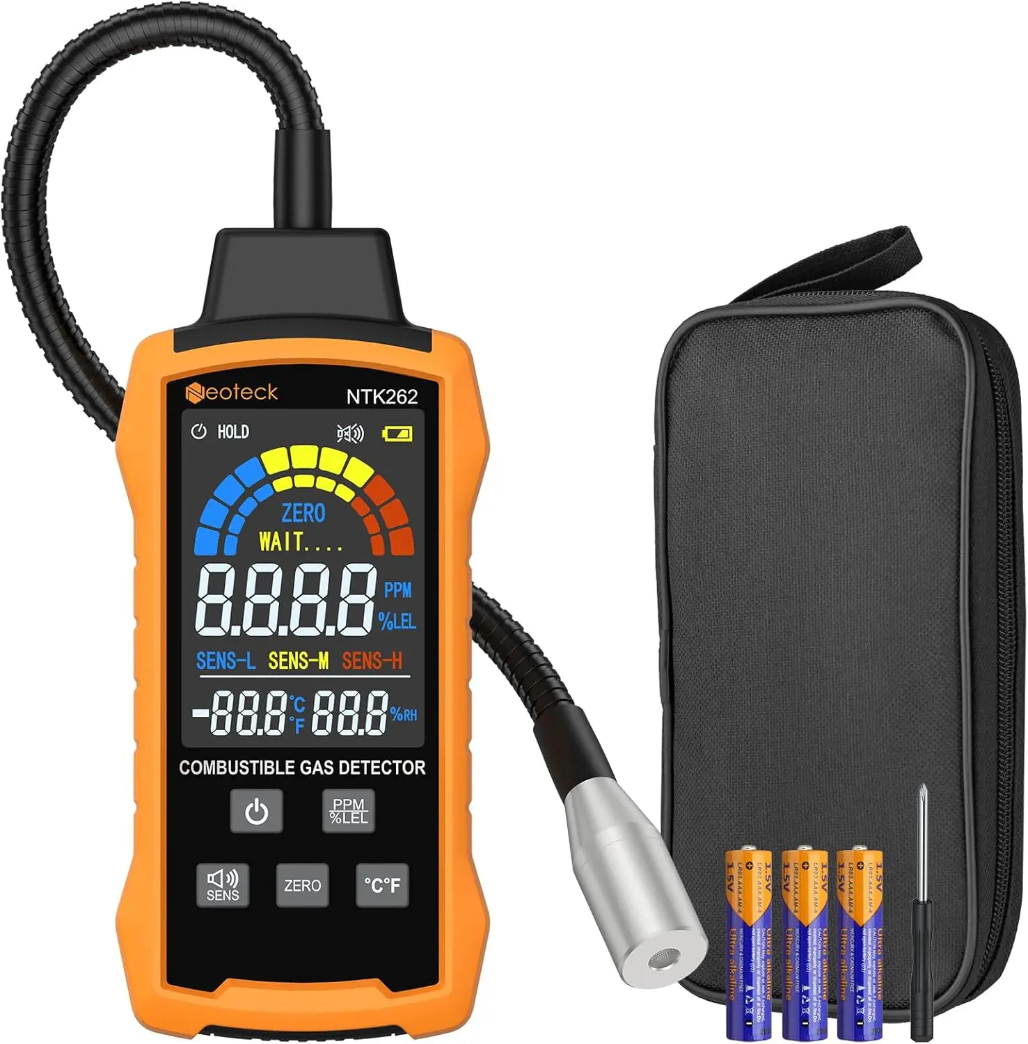 Neoteck Rilevatore di gas naturale 0-9999PPM/0%-20% Rilevatore di fughe di gas LEL con rilevatore di gas combustibile a collo di cigno da 12" con 3