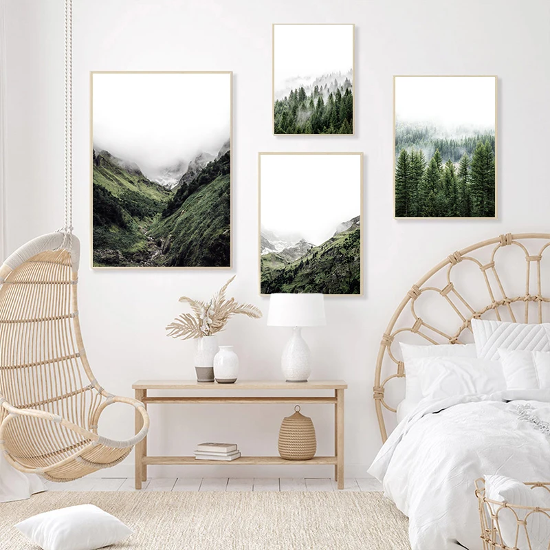 Simple Misty Forest Mountain River Canvas Poster Wall Art, Picture Wall Decoration, Modern Living Room and Room Home Decoration