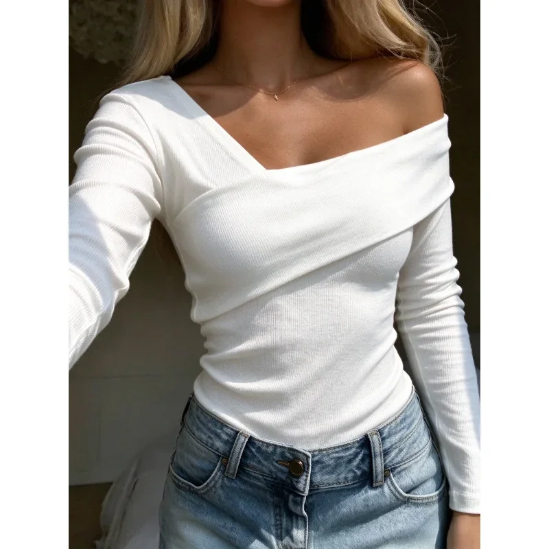New Chic Fall Women Off Shoulder Wrap V Neck Ribbed Long Sleeve Top, Slim Fit Asymmetrical Shoulder Solid Casual Tee Shirt