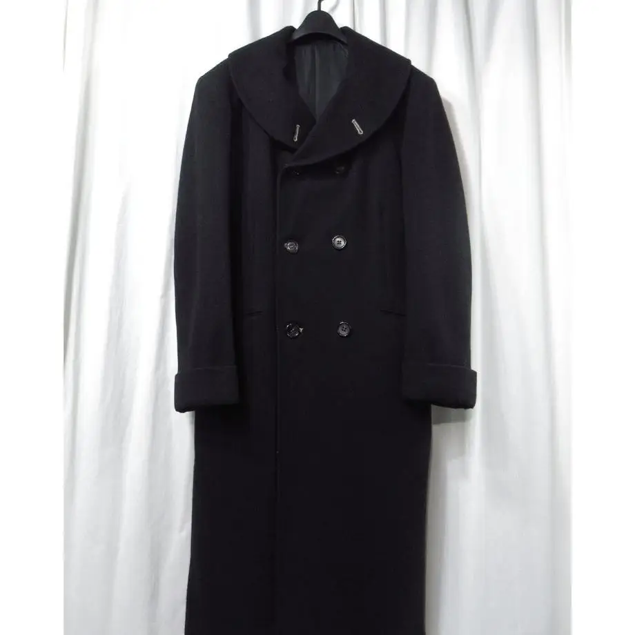 TOP-YAMAMOTO ® Simple black long trench coat for women, double-breasted lapel woolen overcoat