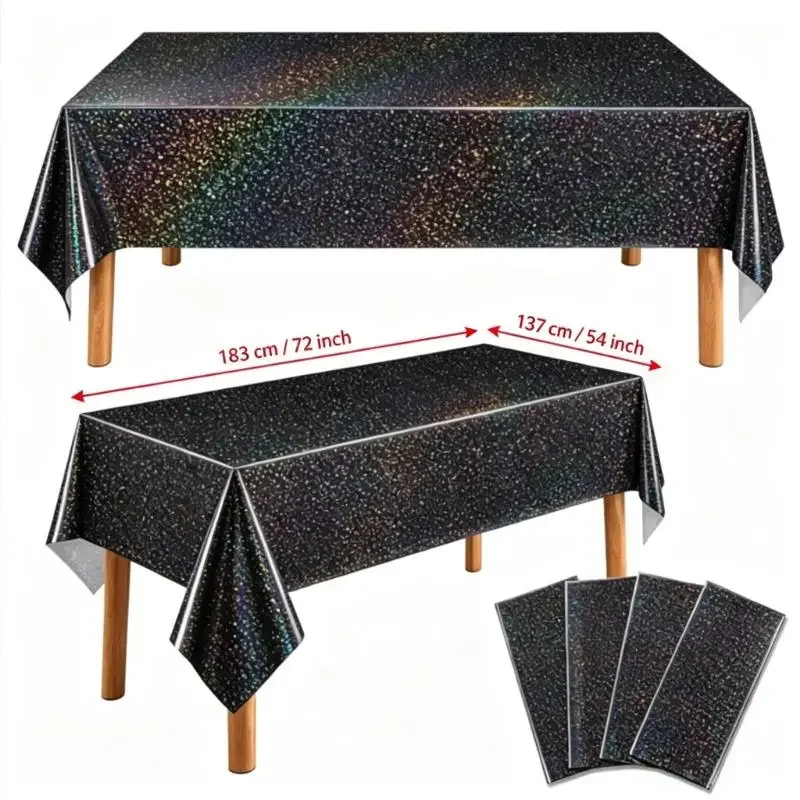 1/3/5Pcs Disposable Rectangular Holographic Black Star Tablecloth 137×183cm/54×72In Waterproof Plastic Party Table Cover