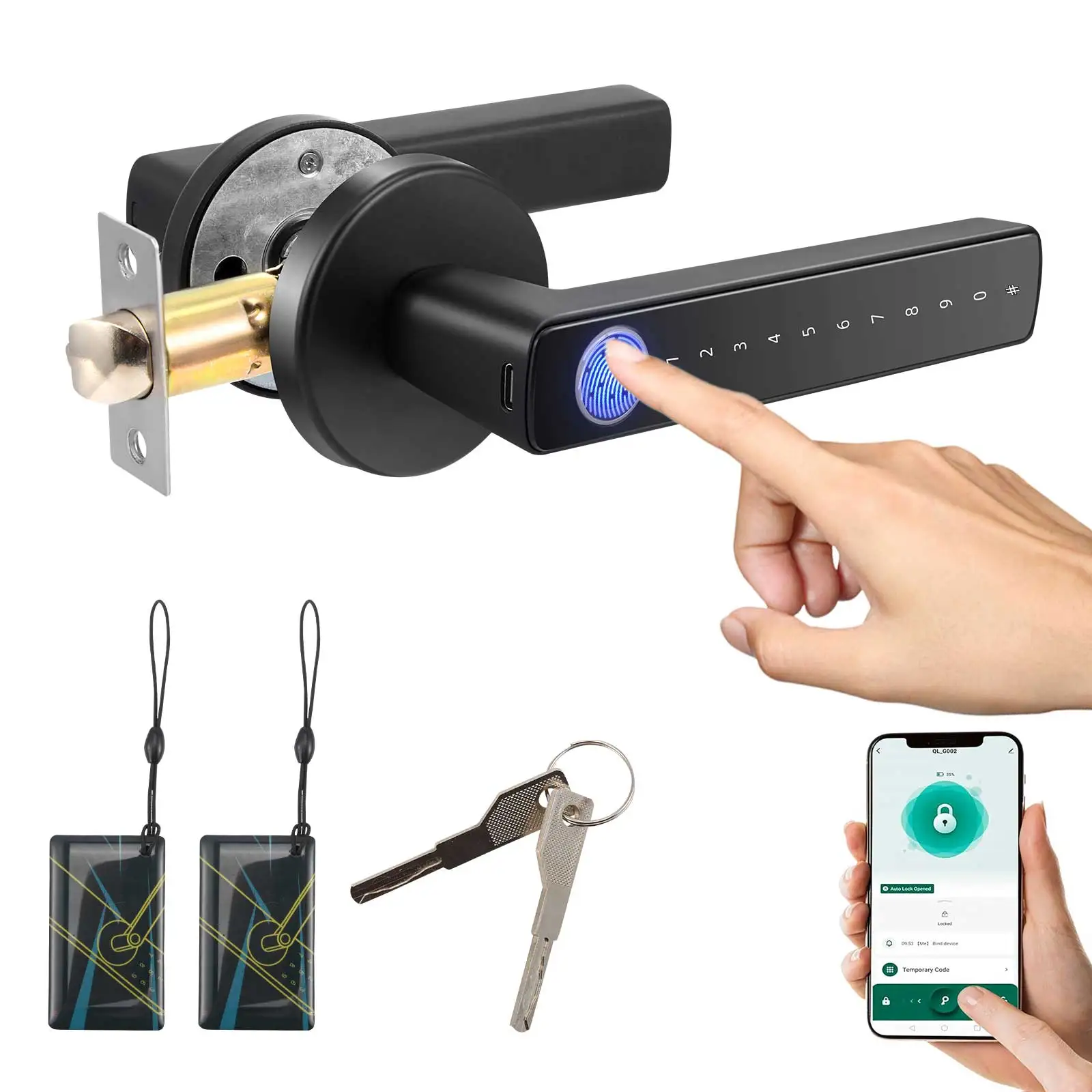 6-in-1 Smart Fingerprint Door Lock Touch Screen Keyless Entry Door Handle with Keypad for Home Hotel Office