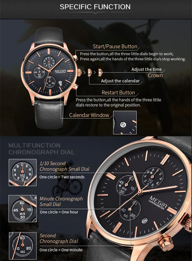 MEGIR Fashion Men Watches Chronograph Top Brand Luxury Sport Military Watch Leather Waterproof Quartz Wristwatch Male Clock 2011