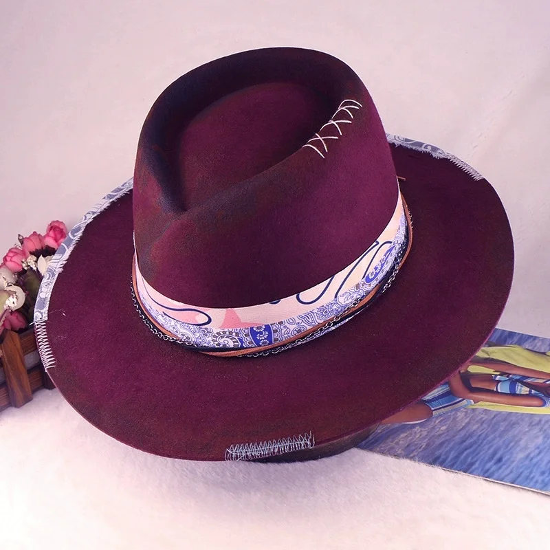 Unisex Fashionable Jazz Hat, Wool Gentlemen's Distressed Vintage Jazz Top Hat, European and American Autumn/Winter Denim Hat