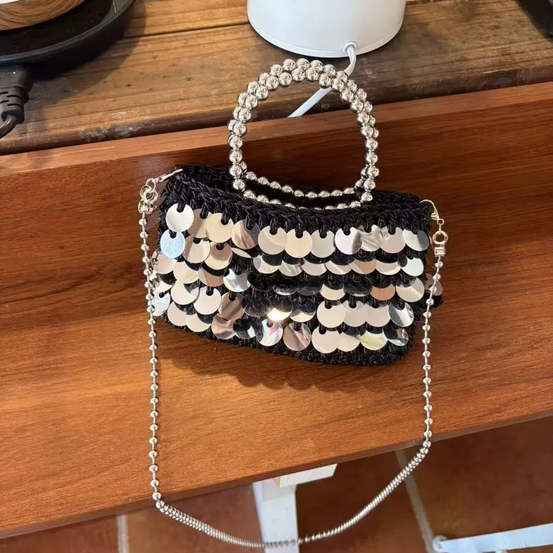 

Luxury Sequined Evening Bags for Women Beading Handle Handbags Rope Knitting Shoulder Bag Handmade Mesh Basket Bags NEW Clutch