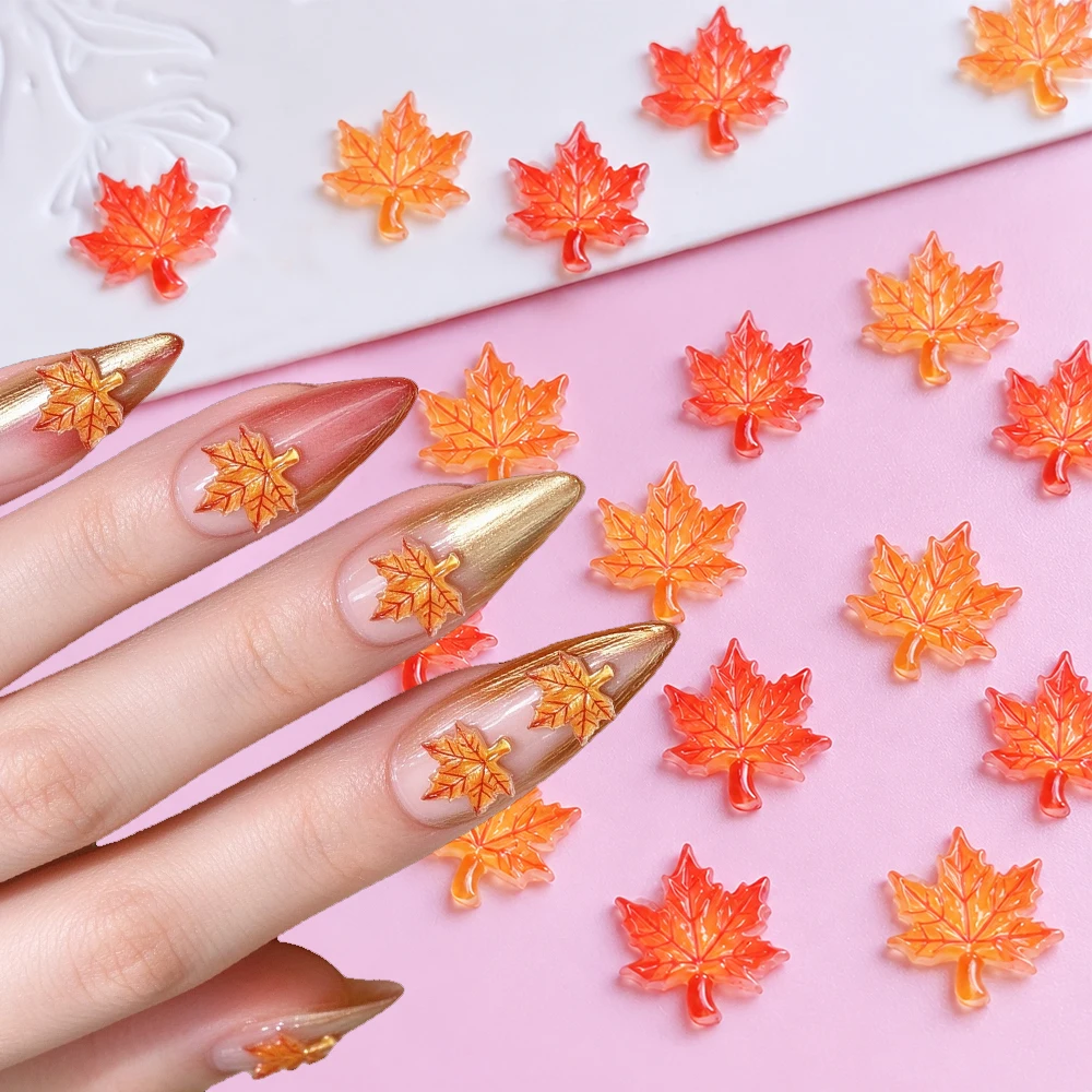 50pcs Resin Maple Leaf Autumn 3D Nail Art Charms Orange-yellow Withered Maple Leaf Nail Rhinestones Autumn Leaf Nail Decorations