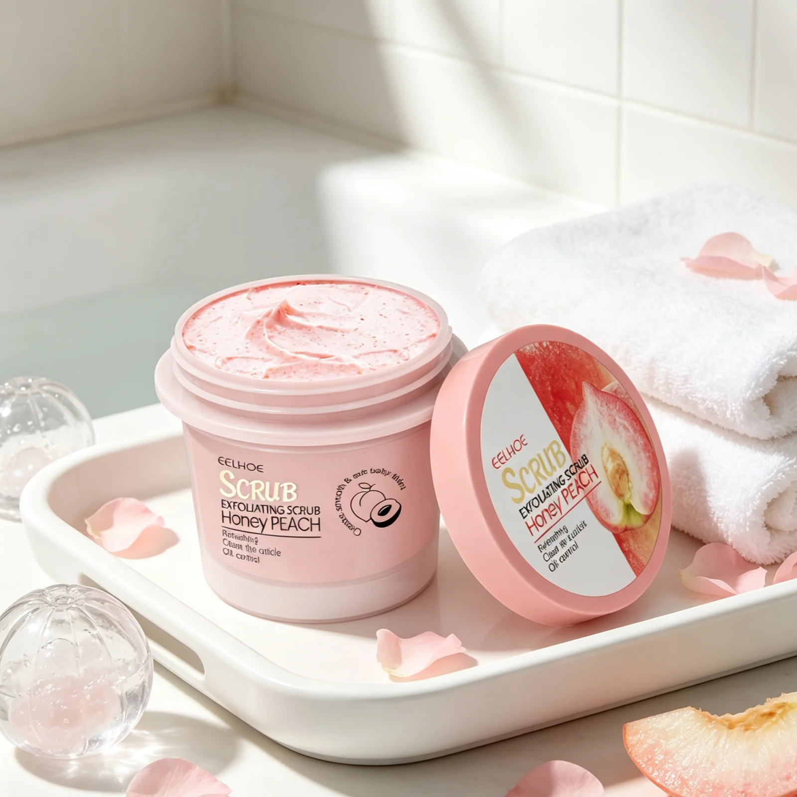 EELHOE Honey Peach Body Scrub Gentle Exfoliating for Smooth Glowing Skin Dead Skin Removal Oil Control Moisturizing Body Scrub