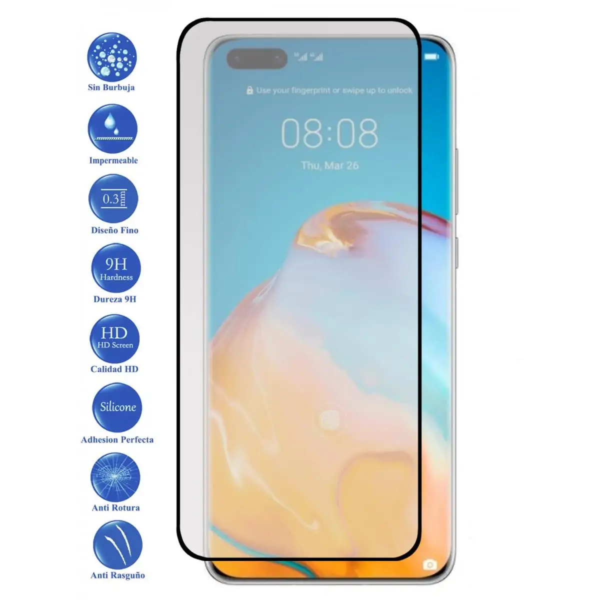 Huawei P40 Pro black tempered glass screen Protector 9H for movil - Todotumovil