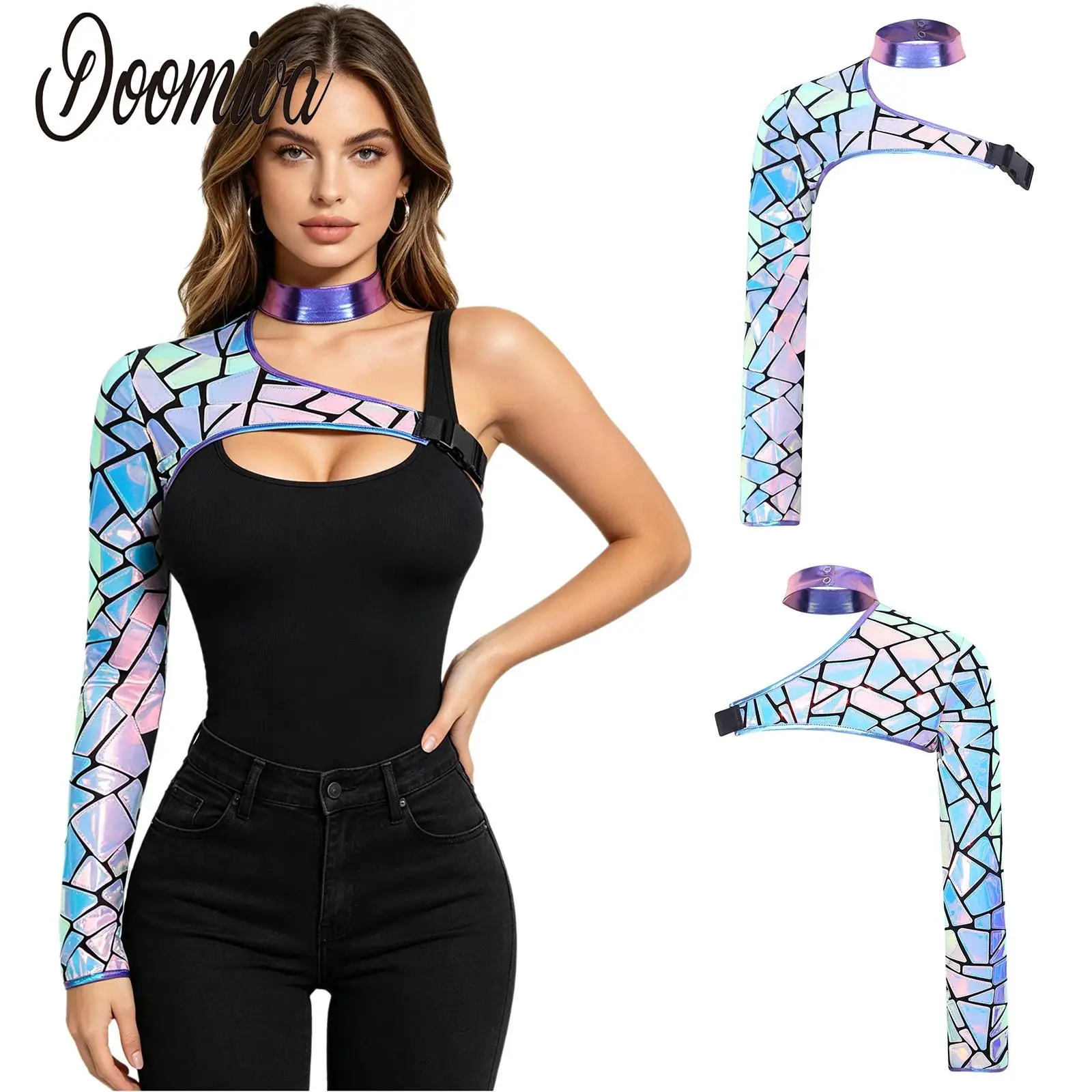 Women Astronaut Space Costume Mini Shirt Aliens Halloween Nightclub Dancewear One Shoulder Metallic Asymmetrical Sequin Crop Top