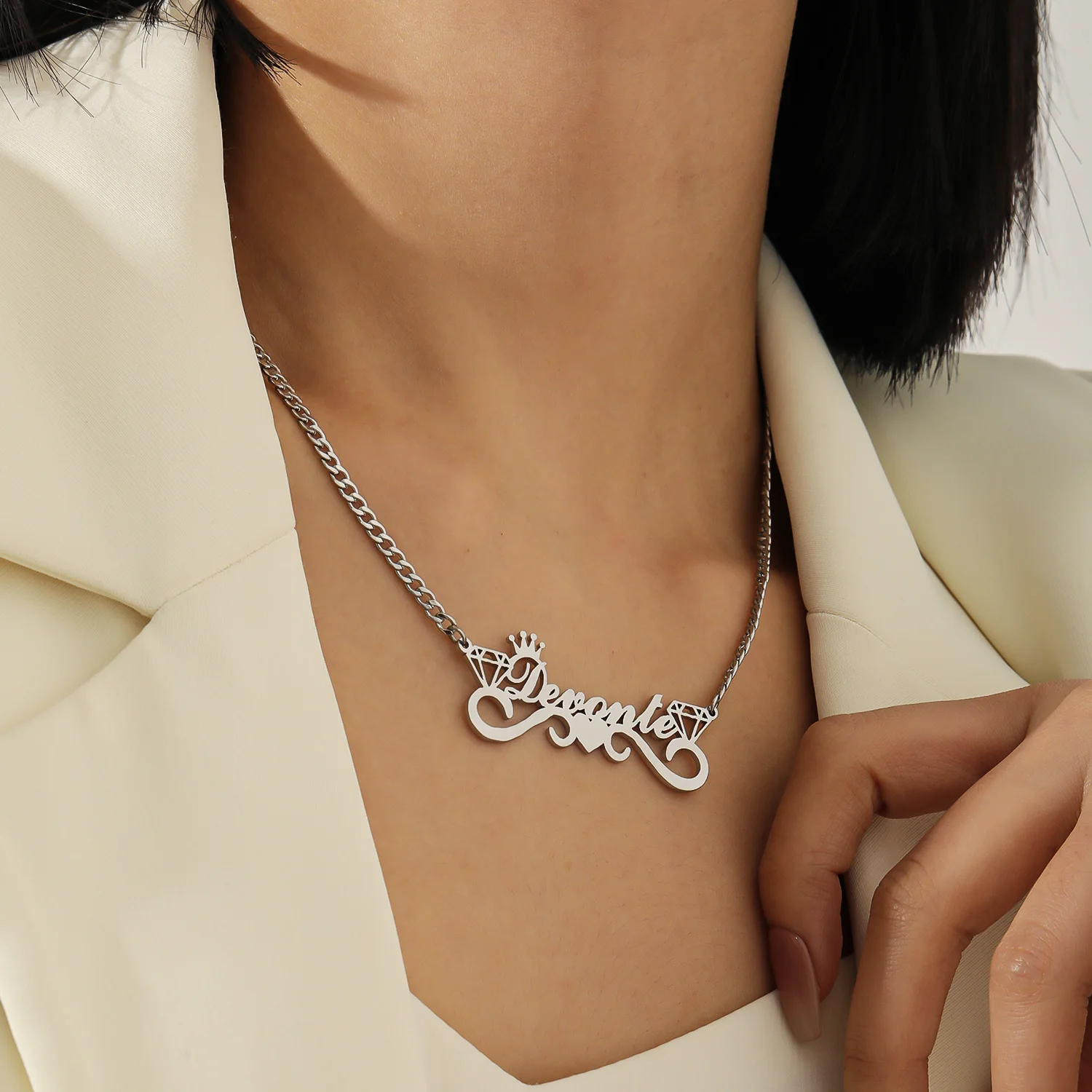 

Regal Crown Initial & Diamond Custom Name Necklace Heart Base Laser Cut Stainless Steel Royal Personalized Jewelry Gift for Her
