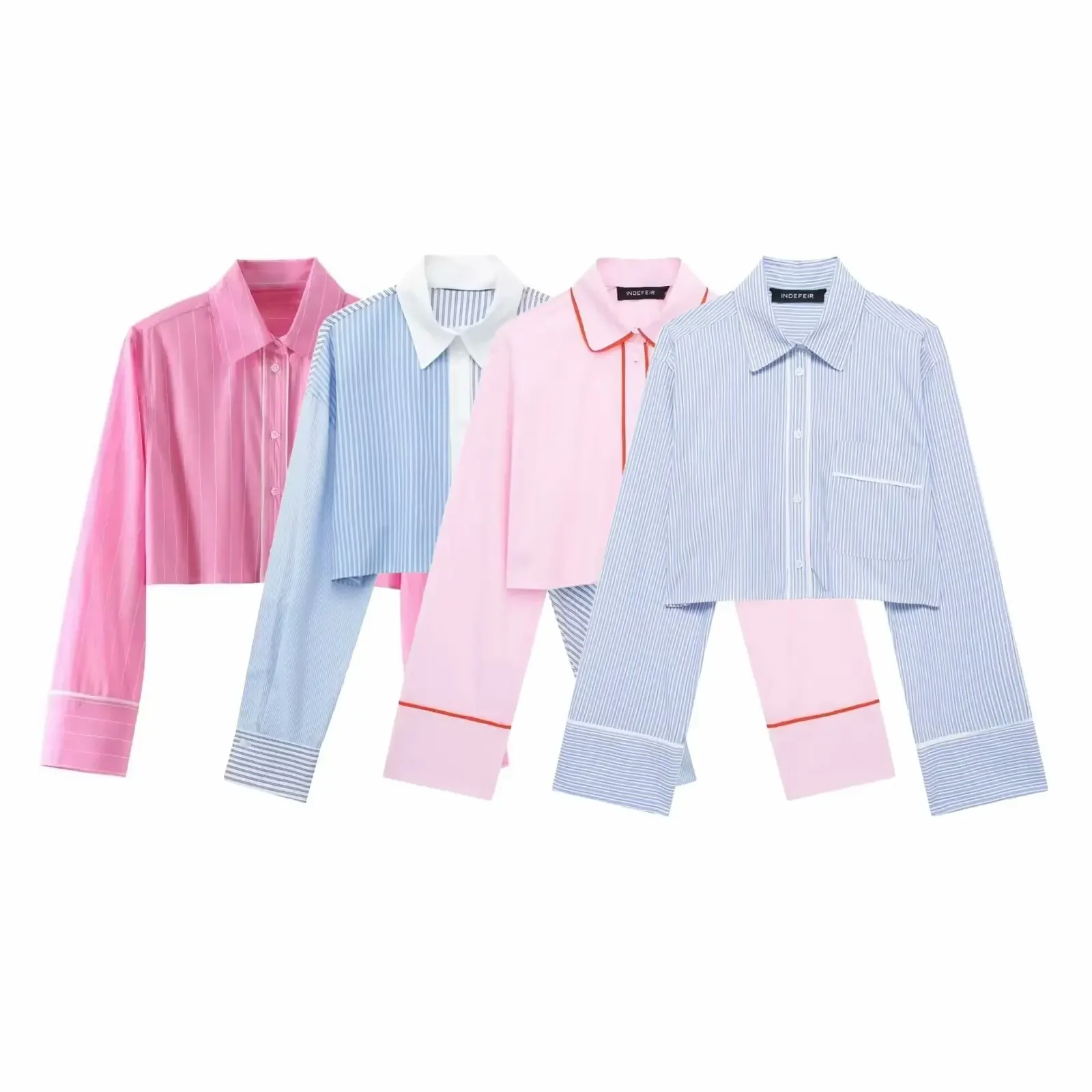 Women's new fashion pocket decoration casual short poplin striped shirt retro long sleeved button up women's shirt chic