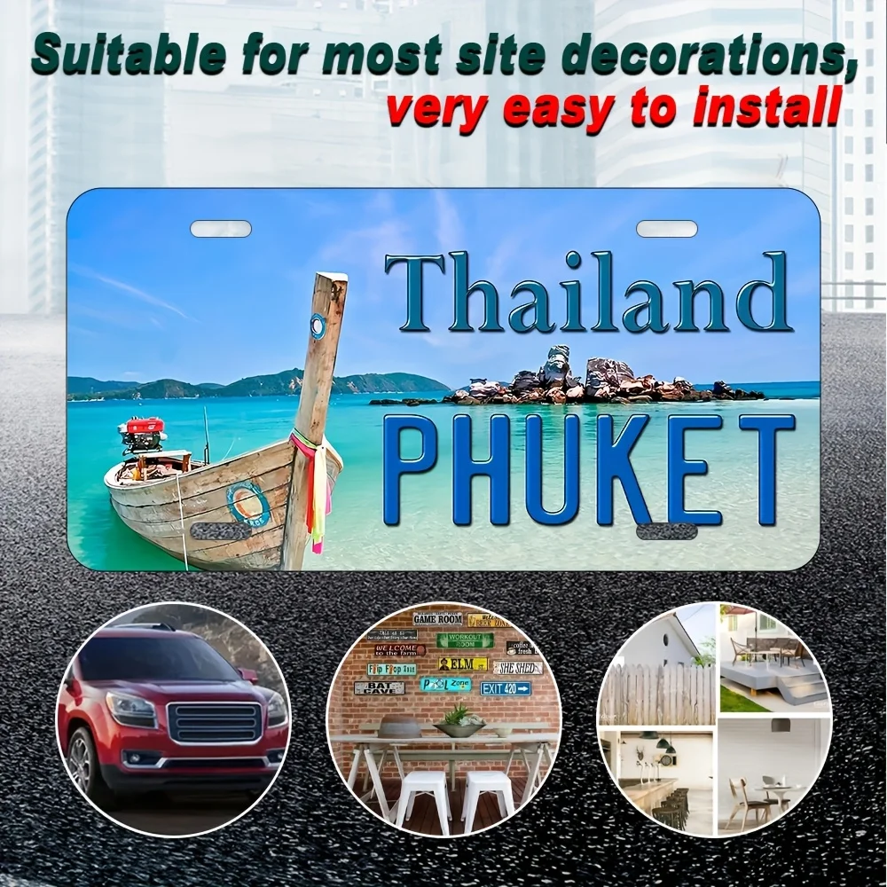 2D Flat Vintage Thai Phuket Wall Sign - 12X6 Inches | Tropical Beach Scene Decorative Plaque Suitable for Homes, Bars, Cafes