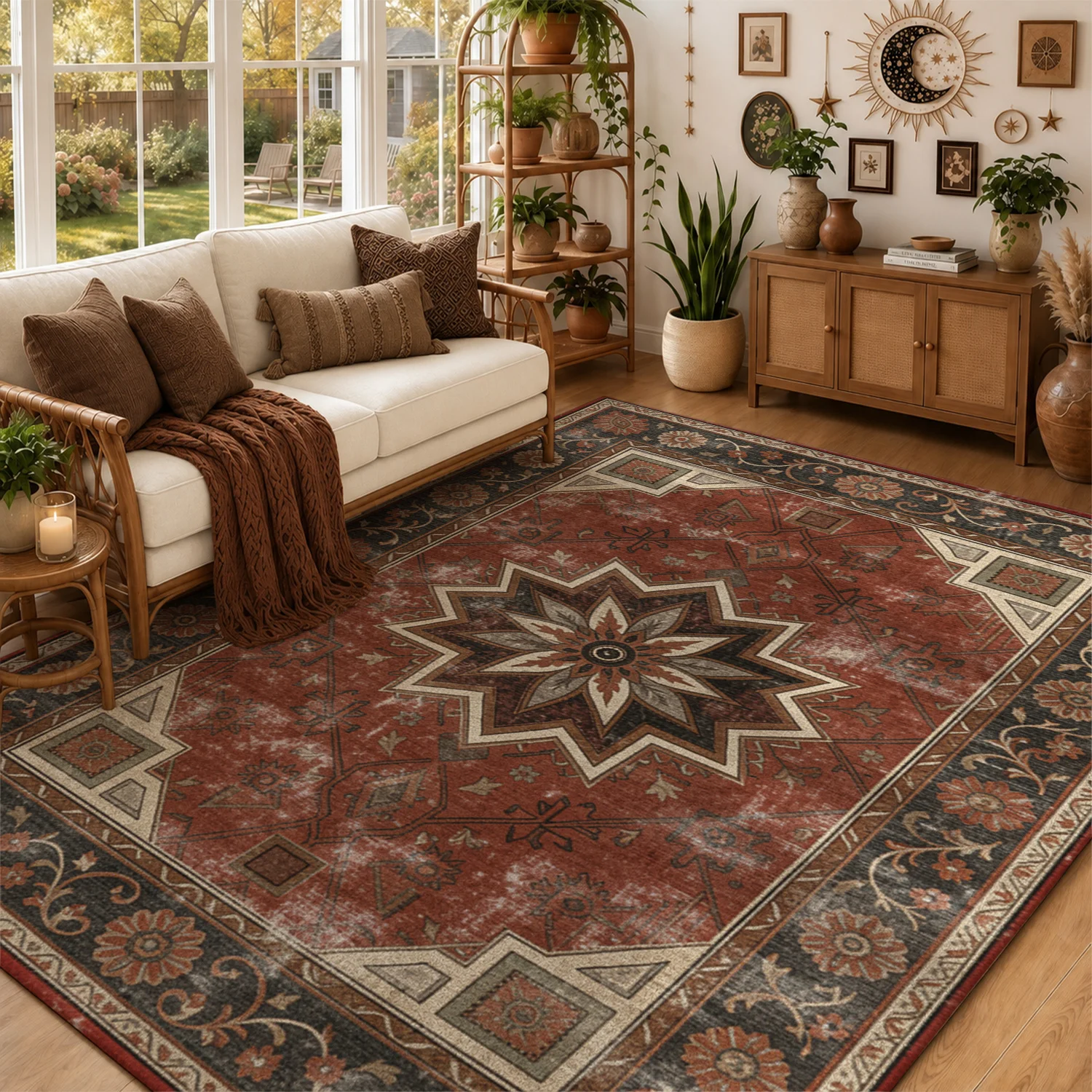 Distressed Vintage Oriental Floral Medallion Velvet Area Rug, Machine Washable, Ideal for Living Room, Bedroom, Dining Room, Perfect for Halloween, Thanksgiving, Black Friday, Christmas, New Year Home Decor