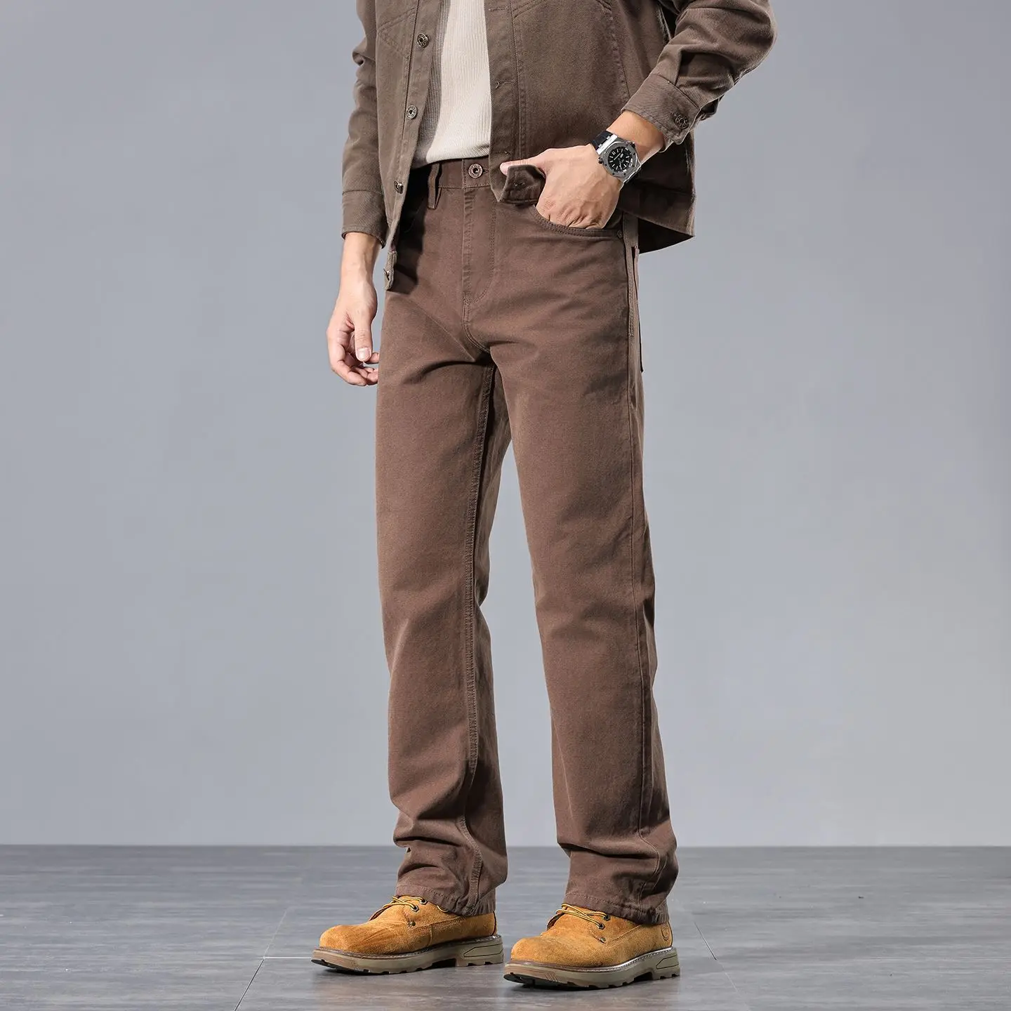 Men's Dark Brown Heavyweight Washed Jeans Fall Streetwear American-Style Vintage Casual Straight-Leg Loose Wide-Leg Pants