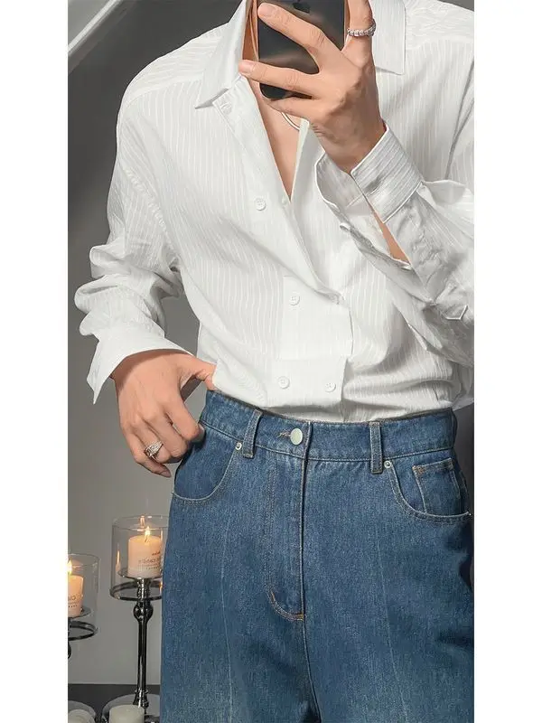 Double Button Vertical Stripe Long Sleeved Shirt Men's Korean Version Versatile Temperament Solid Color Shirt